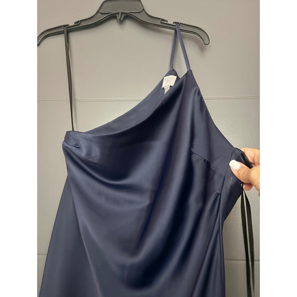 ASOS Navy Blue Satin One Shoulder Midi Dress Cowl Neck High Slit Size US 8 - Picture 2 of 7